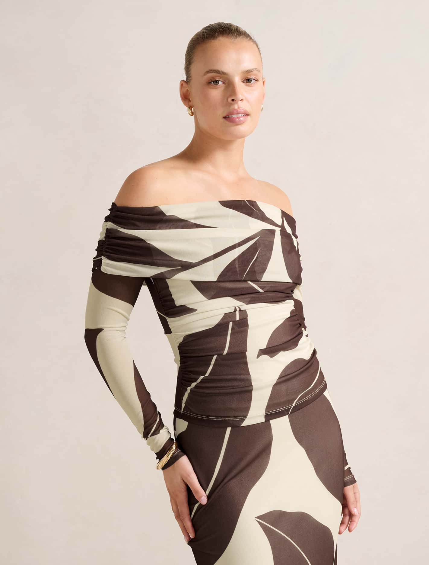 Kaia Ruched Mesh Bardot Top Forever New