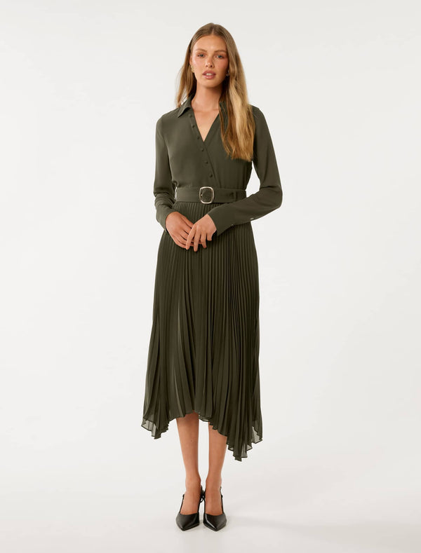 Theresa Wrap Pleat Midi Dress Khaki Forever New