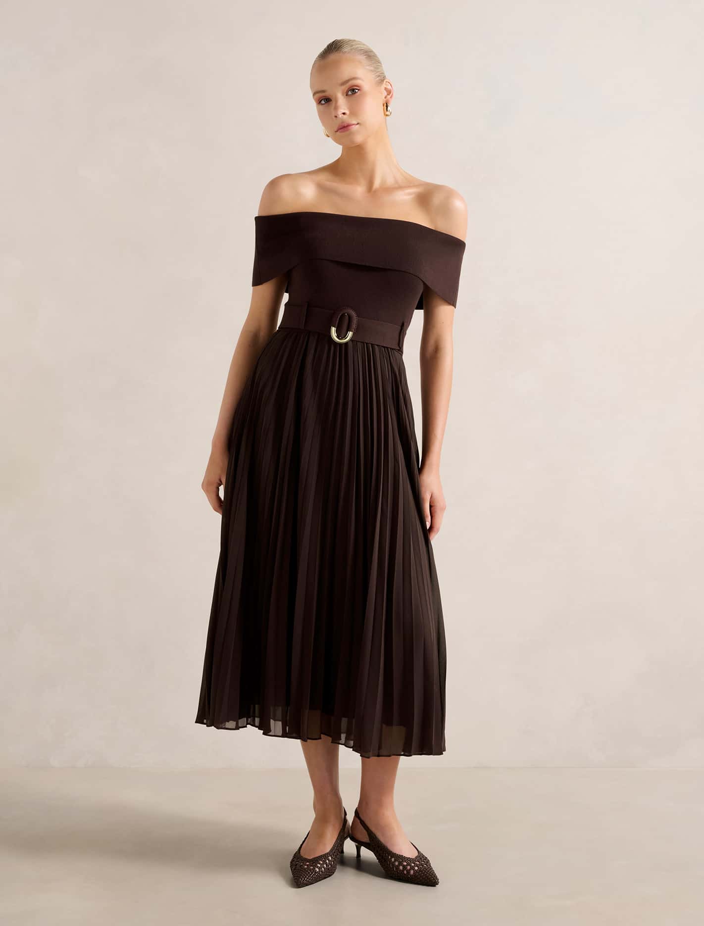 Capri Bardot Pleat Hem Midi Dress Chocolate Forever New