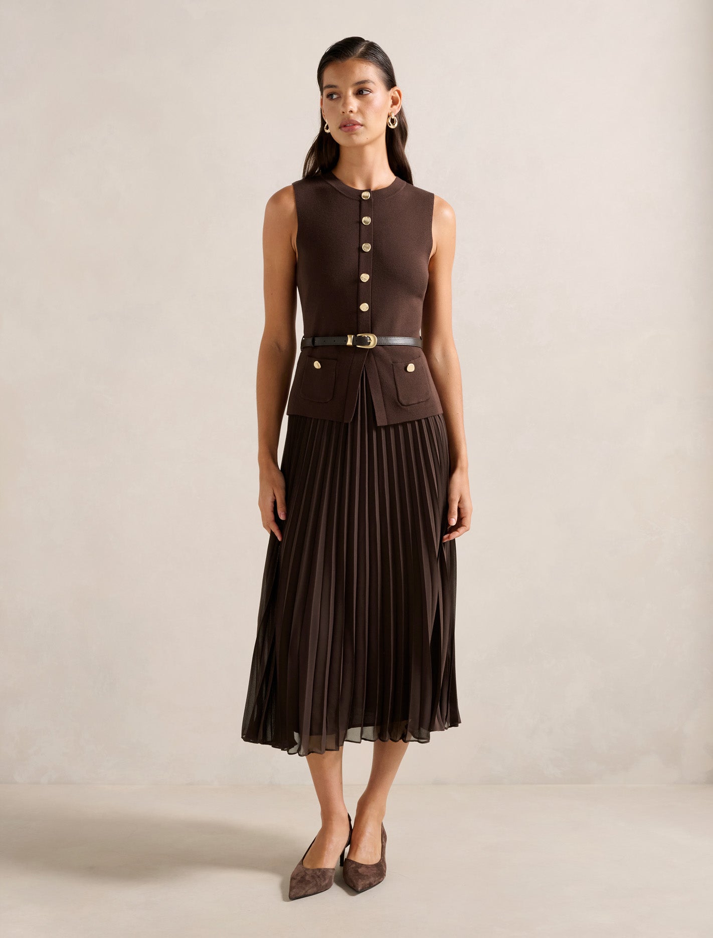 Daphne Waistcoat Knit Midi Dress Chocolate Forever New