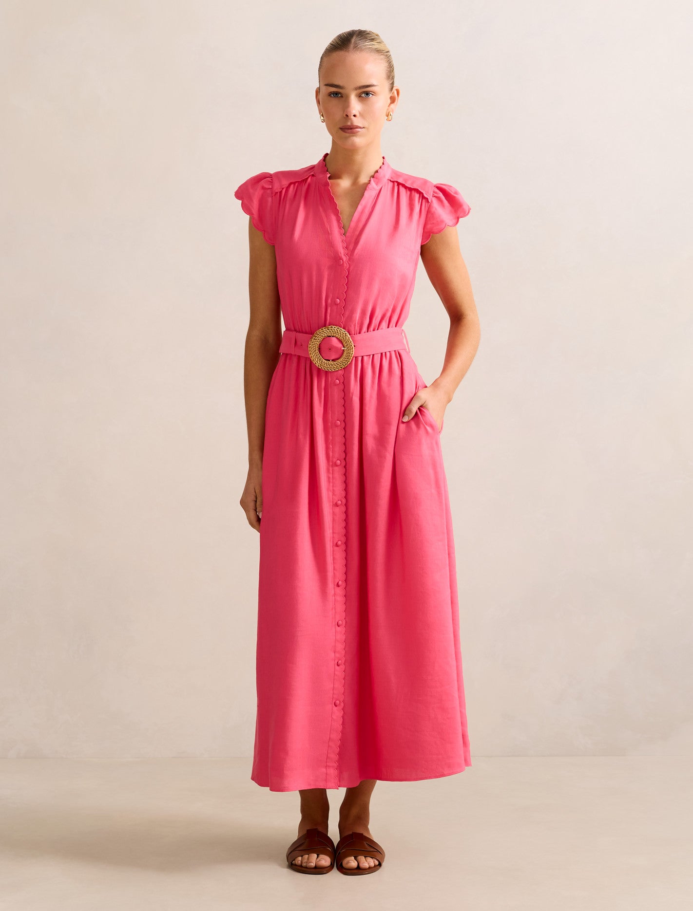 Serafina Scallop Edge Linen Midi Dress Cotton Candy Forever New