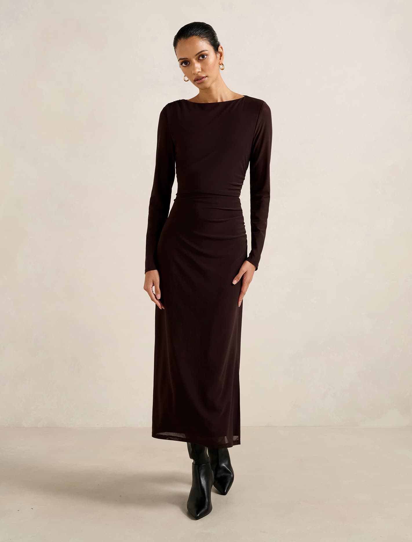 Ally Petite Long Sleeve Midi Dress Chocolate Forever New