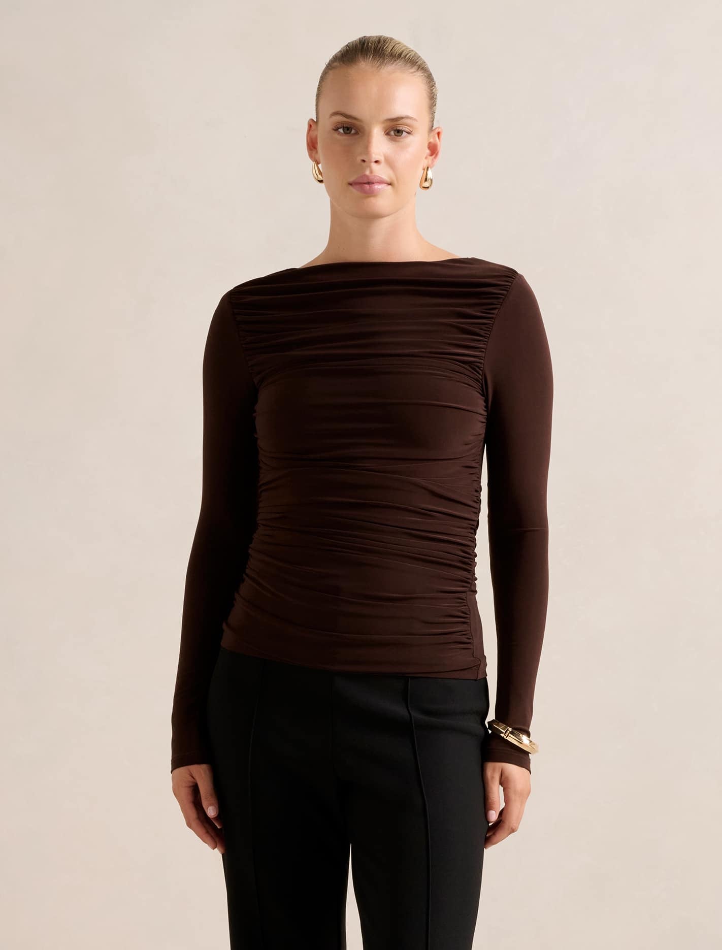 Monica Ruched Boat Neck Top Bitter Chocolate Forever New